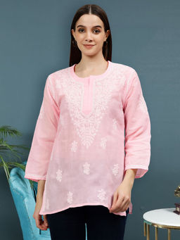 Seva Chikan - Embroidered Pink Terivoil Cotton Lucknowi Chikankari Kurti