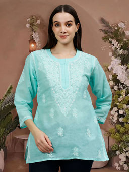 Seva Chikan - Embroidered Sea Green Terivoil Cotton Lucknowi Chikankari Kurti