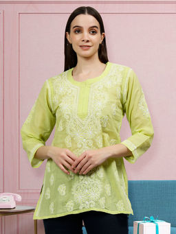 Seva Chikan - Embroidered Green Terivoil Cotton Lucknowi Chikankari Kurti