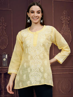 Seva Chikan - Embroidered Yellow Terivoil Cotton Lucknowi Chikankari Kurti