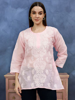 Seva Chikan - Embroidered Pink Terivoil Cotton Lucknowi Chikankari Kurti