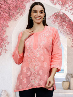 Seva Chikan - Embroidered Peach Terivoil Cotton Lucknowi Chikankari Kurti