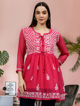 Seva Chikan - Embroidered Magenta Georgette Lucknowi Chikankari Kurti with Slip (Set of 2)