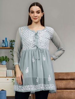 Seva Chikan - Embroidered Grey Georgette Lucknowi Chikankari Kurti with Slip (Set of 2)
