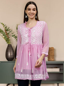 Seva Chikan - Embroidered Pink Georgette Lucknowi Chikankari Kurti with Slip (Set of 2)