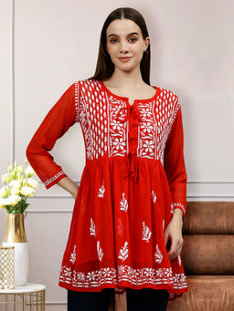 Seva Chikan - Embroidered Red Georgette Lucknowi Chikankari Kurti with Slip (Set of 2)