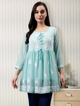 Seva Chikan - Embroidered Sea Green Georgette Lucknowi Chikankari Kurti with Slip (Set of 2)