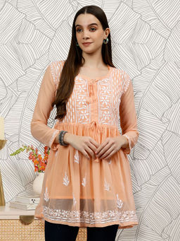 Seva Chikan - Embroidered Apricot Peach Georgette Lucknowi Chikankari Kurti with Slip (Set of 2)