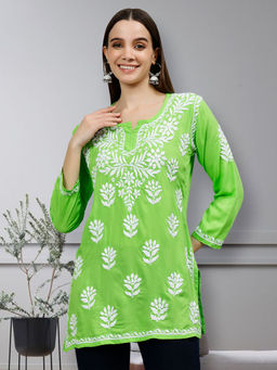 Seva Chikan - Embroidered Parrot Green Modal Lucknowi Chikankari Kurti