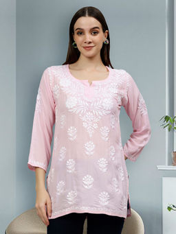 Seva Chikan - Embroidered Pink Modal Lucknowi Chikankari Kurti with Slip (Set of 2)