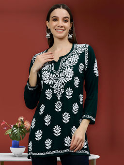 Seva Chikan - Embroidered Dark Green Modal Lucknowi Chikankari Kurti with Slip (Set of 2)