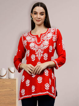 Seva Chikan - Embroidered Red Modal Lucknowi Chikankari Kurti with Slip (Set of 2)