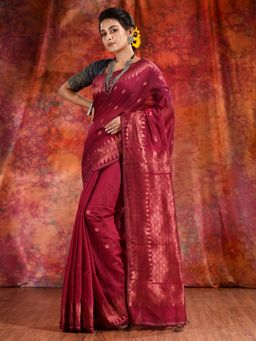 CHARUKRITI - Red Cotton Silk Handwoven Soft Saree with Copper Zari and Unstitched Blouse