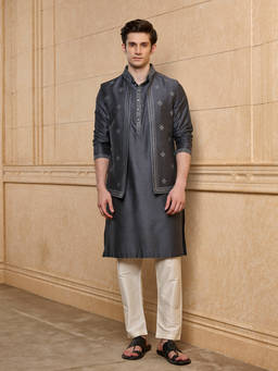 TASVA - Grey Embroidered Polyester Kurta with Jacket and Pyjama