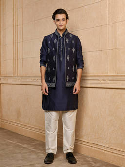 TASVA - Navy Blue Embroidered Polyviscose Kurta with Jacket and Pyjama