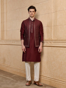 TASVA - Wine Embroidered Polyviscose Kurta with Jacket and Pyjama