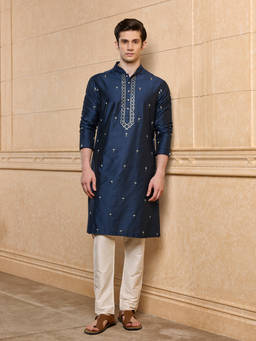 TASVA - Navy Blue Embroidered Polyviscose Kurta and Pyjama