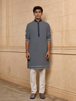 TASVA - Navy Blue Printed Cotton Kurta and Pyjama