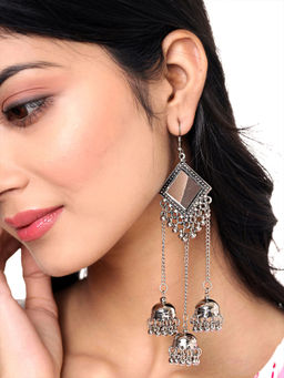 Yellow Chimes - Silver Oxidised 2 Pairs Earrings Traditional Chandbali Jhumki Earrings