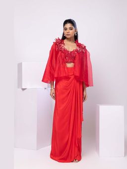 SMRITI - Red Embellished Scarlet Glow Cape With Top And Drape Skirt Set