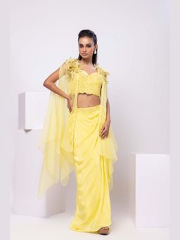 SMRITI - Yellow Sunlit Cape And Drape Skirt Set