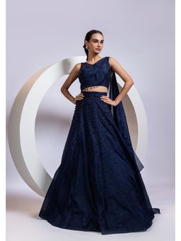 SMRITI - Navy Blue Midnight Embellished Whisper Lehenga And Blouse With Dupatta