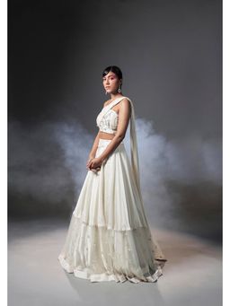 ISHA GUPTA TAYAL - Off White Shell Women Embroidered Choli With Attached Dupatta And Lehenga