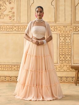 Fiorebymalar - Peach Stone Embellished Veronica Blouse Skirt With Cape