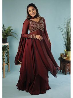 Fiorebymalar - Brown Embellished Betsy Anarkali Skirt With Dupatta