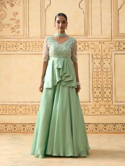 Fiorebymalar - Green Stone Embellished Georgette Veera Blouse Skirt With Dupatta