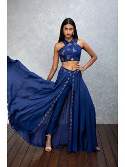 ISHA GUPTA TAYAL - Blue Tanzanite Women Embroidered Top With Pant Attached Skirt