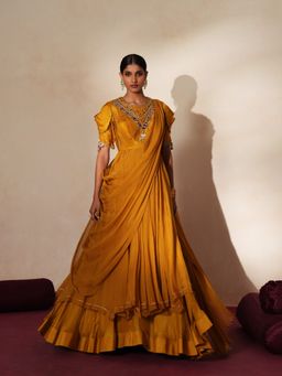 ISHA GUPTA TAYAL - Mustard Prabha Women Embroidered Anarkali Kurta And Skirt With dupatta