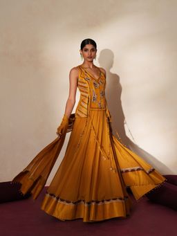 ISHA GUPTA TAYAL - Mustard Morchakra Women Embroidered Jacket With Lehenga And Dupatta
