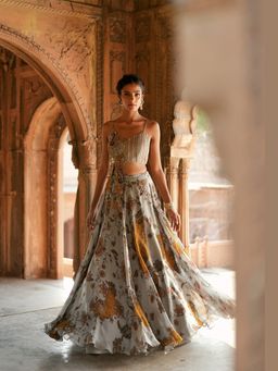 ISHA GUPTA TAYAL - Grey Geet Women Embroidered Blouse With Lehenga And Dupatta