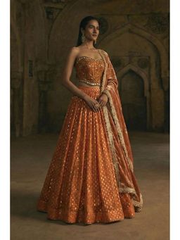 Neha Khullar - Rust Hand Mirror And Zardozi Embroidery Corset And Lehengas With Dupatta