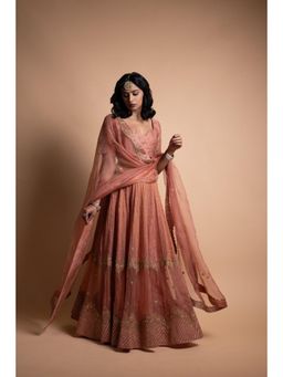 Rhua India - Tira Peach Blouse With Lehenga And Dupatta