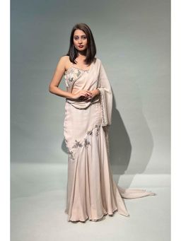 Rukinder Kumar - Fit And Flare Beige Draped Saree With Stitched Blouse