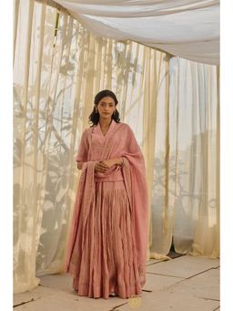 Rhua India - Ruhma- Soft Pink Mul Chanderi Kurta With Blouse And Lehenga And Dupatta