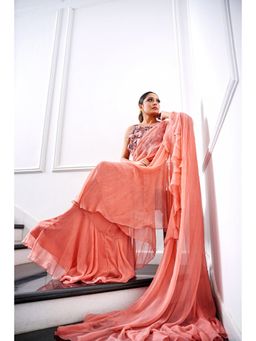 AMRTA- BY GUNEET KONDAL - Nasrin Coral Pre-Draped Saree With Stitched Blouse
