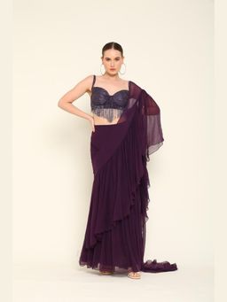 AMRTA- BY GUNEET KONDAL - Purple Dusk Pre-Draped Saree With Stitched Blouse
