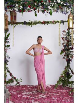 AMRTA- BY GUNEET KONDAL - Blush Petals Pink Pre-Draped Saree With Stitched Blouse
