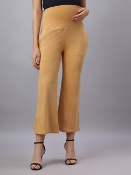 Mamma's Maternity - Beige Solid Cotton Spandex Ankle Length Maternity/Pregnancy Wide Pant