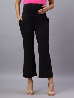 Mamma's Maternity - Black Solid Cotton Spandex Ankle Length Maternity/Pregnancy Wide Pant