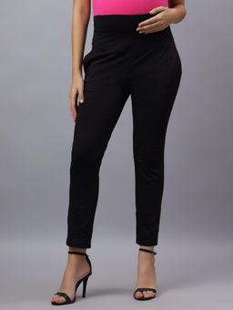 Mamma's Maternity - Black Solid Cotton Spandex Ankle Length Maternity/Pregnancy Pant
