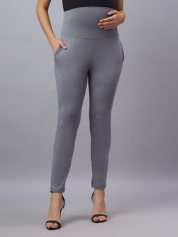 Mamma's Maternity - Grey Solid Cotton Spandex Ankle Length Maternity/Pregnancy Pant