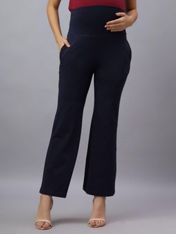 Mamma's Maternity - Navy Blue Solid Cotton Spandex Ankle Length Maternity/Pregnancy Wide Pant