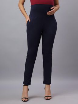 Mamma's Maternity - Navy Blue Solid Cotton Spandex Ankle Length Maternity/Pregnancy Pant