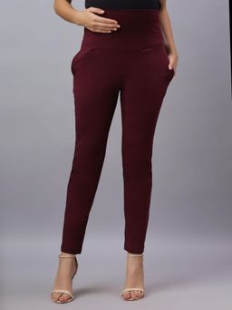 Mamma's Maternity - Maroon Solid Cotton Spandex Ankle Length Maternity/Pregnancy Pant