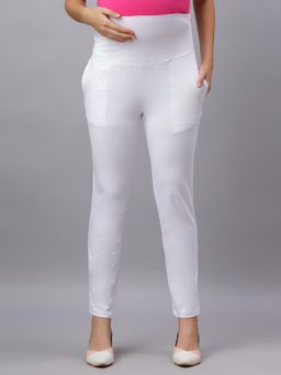 Mamma's Maternity - White Solid Cotton Spandex Ankle Length Maternity/Pregnancy Pant