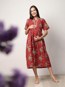 Zelena - Red Cotton Zipless Maternity and Nursing Dress with Metallic Lace